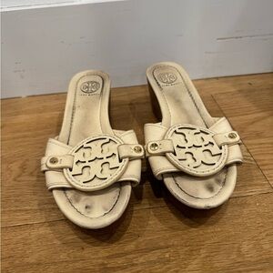Tory Burch Tan Mules with Logo Detail